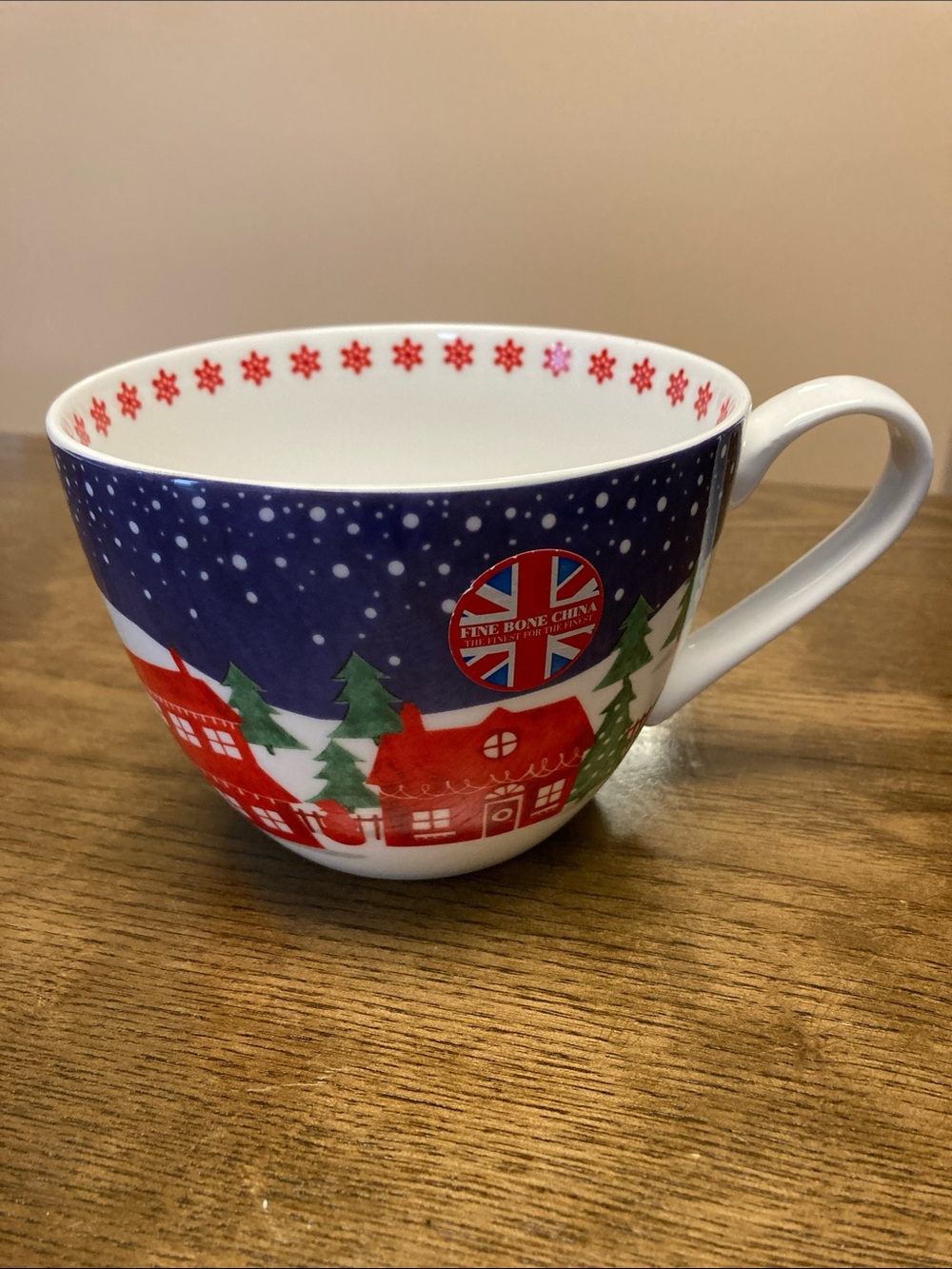 Holiday Village Bone China Mug in Red & Blue